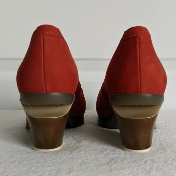 FLY London Suede Peep Toe Beveled Metallic Heel Burnt Orange EU40 9-9.5 NWOB - Picture 11 of 16